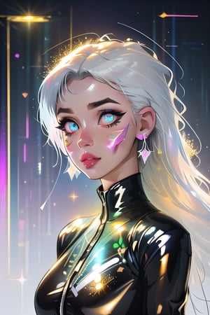 (masterpiece), best quality, expressive eyes, perfect face, glowing eyes, white hair, bangs, long hair, bunny_suit, hair ornaments, latex bodysuit, Volumetric Lighting, glitter, blush stickers, glitter, High detailed, SAM YANG, glitter, shiny, cyberpunk, mask