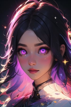 (masterpiece), best quality, expressive eyes, perfect face, glowing eyes, hair ornament, rainbow hair, bangs, Volumetric Lighting, glitter, dress, blush stickers, glitter, High detailed, SAM YANG, long hair