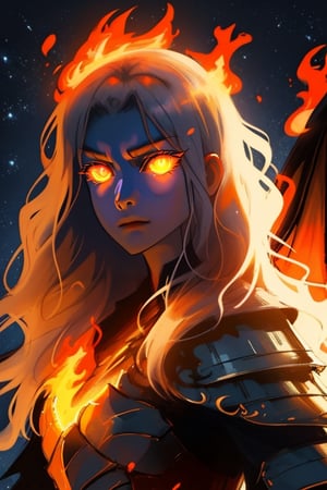 Niji Mode, High detail, SAM YANG, nighttime, hair on fire, facing_viewer, armor, glow eyes, wings, dragon on background