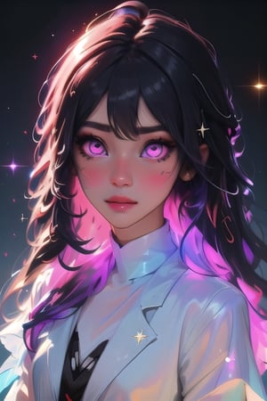 (masterpiece), best quality, expressive eyes, perfect face, glowing eyes, hair ornament, rainbow hair, bangs, Volumetric Lighting, glitter, dress, blush stickers, glitter, High detailed, SAM YANG, long hair