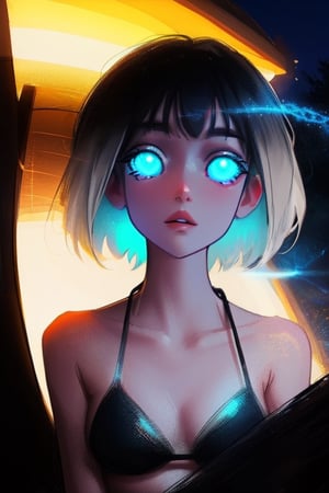 Niji Mode, High detail, SAM YANG, nighttime, short hair, facing_viewer, bikini, glow eyes,