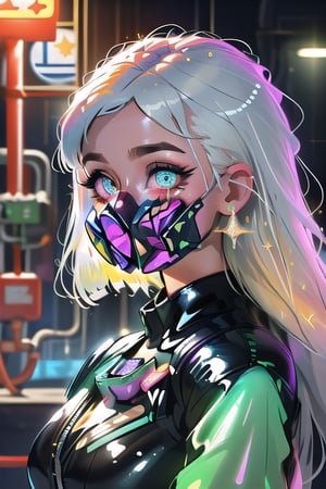 (masterpiece), best quality, expressive eyes, perfect face, glowing eyes, white hair, bangs, long hair, bunny_suit, hair ornaments, latex bodysuit, Volumetric Lighting, glitter, blush stickers, glitter, High detailed, SAM YANG, glitter, shiny, cyberpunk, gas mask