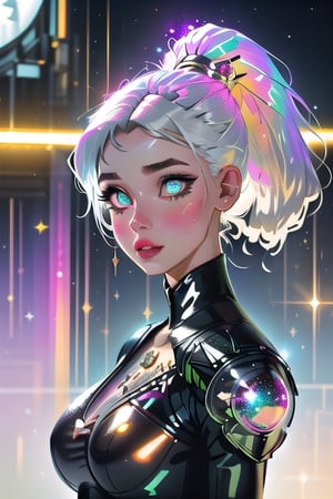 (masterpiece), best quality, expressive eyes, perfect face, glowing eyes, white hair, bangs, ponytail, bunny_suit, hair ornaments, latex bodysuit, breast armor, Volumetric Lighting, glitter, blush stickers, glitter, High detailed, SAM YANG, glitter, shiny, cyberpunk