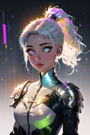 (masterpiece), best quality, expressive eyes, perfect face, glowing eyes, white hair, bangs, ponytail, bunny_suit, bunny_ear, latex bodysuit, shoulder armor, breast armor, Volumetric Lighting, glitter, blush stickers, glitter, High detailed, SAM YANG, glitter, shiny, cyberpunk