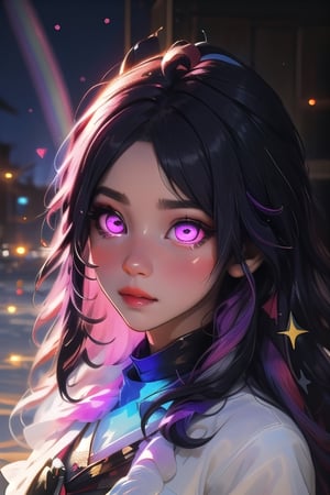 (masterpiece), best quality, expressive eyes, perfect face, glowing eyes, hair ornament, rainbow hair, bangs, Volumetric Lighting, glitter, dress, blush stickers, glitter, High detailed, SAM YANG, long hair