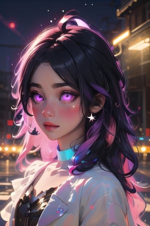 (masterpiece), best quality, expressive eyes, perfect face, glowing eyes, hair ornament, rainbow hair, bangs, Volumetric Lighting, glitter, dress, blush stickers, glitter, High detailed, SAM YANG, long hair