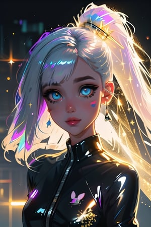 (masterpiece), best quality, expressive eyes, perfect face, glowing eyes, hair ornament, white hair, bangs, ponytail, bunny_suit, bunny ear, latex bodysuit, Volumetric Lighting, glitter, blush stickers, glitter, High detailed, SAM YANG, glitter, shiny,cyberpunk