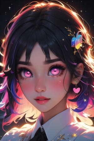 (masterpiece), best quality, expressive eyes, perfect face, glowing eyes, heart pupils, hair ornament, rainbow hair, bangs, Volumetric Lighting, glitter, dress, blush stickers, glitter, High detailed, SAM YANG, long hair