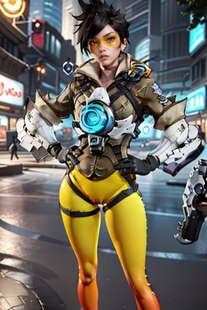 TRTACER cyberpunk woman, defiant face, VIVID colors, in clothes, BLACK  hair, light yellow sweatshirt, VERY TIGHT YELLOW pants,CAMELTOE, (((CAMELTOE FOCUS))) , withORANGE GLASSES, guns hd, high detail, huoshen, TheLastOfUs, mgln
,tracer,1girl