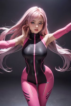 Young woman (complete body Rear and front view)  pink tight bodysuits dress. High heels. Detailed eyes. Tight vagina hips. ,High detailed ,,Saturated colors,PinchingPOV