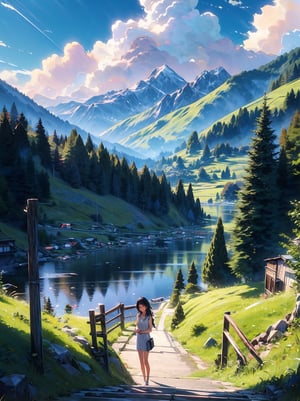 Beautiful pastel background wallpaper, blue sky, grindelwald, switzerland, interlaken, mountain, vivid, magnificent view, lungern, clouds, sunshine, hot summer, crossing, detailed trees, green grass, hot_pants, detailed background, 8k, details, ultra realistic, pastelbg, breakdomain, (yumi,1girl, 19years old korean girl, standing on a stepstones in a yellow one-piece mini dress, white dress, white pencil_skirt),Big breast, closeup, detailed face, 