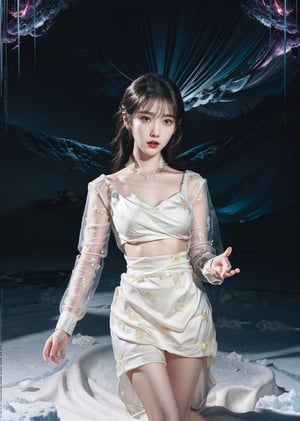 (masterpiece,  top quality,  best quality,  official art,  beautiful and aesthetic:1.2), IU, (1girl:1.2), ice sorcerer, cute,  light eyes,   beautiful face, ((Transparent heavenly plumage)),extreme detailed, sexy pose, pussy, large breats, Transparent,  ice crystal,  exposed_pussy, 
thigh_gap,  (abstract:1.4,  fractal art:1.3), (shain gold hair:1.1),  fate \(series\),  colorful, highest detailed, blizzard, ice balls storm, lightning, Swirling frozen, flying ice orbs, ability to manipulate ice, (splash_art:1.2),  jewelry:1.4,  silver wear, scenery,  ink, icemancer, necromancer, colorful_girl_v2,ice_sculpture,magical circle,YAMATO,iu