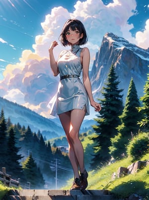 Beautiful pastel background wallpaper, blue sky, grindelwald, switzerland, interlaken, mountain, vivid, magnificent view, lungern, clouds, sunshine, hot summer, crossing, detailed trees, green grass, hot_pants, detailed background, 8k, details, ultra realistic, pastelbg, breakdomain, (yumi,1girl, 19years old korean girl, standing on a stepstones in a yellow one-piece mini dress, white dress, white pencil_skirt),Big breast, closeup, detailed face, 