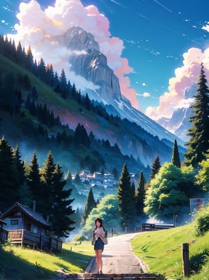 Beautiful pastel background wallpaper, blue sky, grindelwald, switzerland, interlaken, mountain, vivid, magnificent view, lungern, clouds, sunshine, hot summer, crossing, detailed trees, green grass, hot_pants, detailed background, 8k, details, ultra realistic, pastelbg, breakdomain, (yumi,1girl, 19years old korean girl, standing on a stepstones in a yellow one-piece mini dress, white dress, white pencil_skirt),Big breast, closeup, detailed face, 