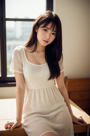 beautiful Asian teacher, baby face, window, white theme , linen dress, alluring, ((sensual)) , bokeh 