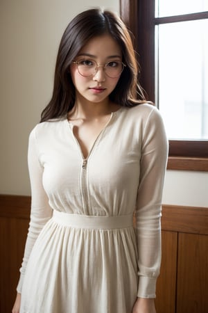 beautiful Asian teacher, baby face, round glasses, window, white theme , linen dress, alluring, sensual, unzipped