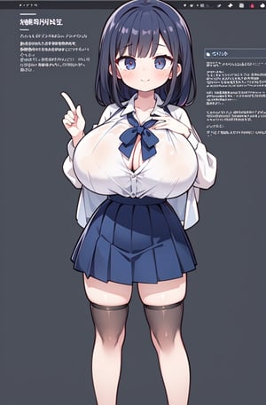 1 girl, anime, design, custom character, character design, full body, modelsheet, big boobies, big breast, huge breasts(CharacterSheet:1)(masterpiece, top quality, best quality, official art, beautiful and aesthetic:1.2), extreme detailed,(fractal art:1.3),highest detailed, miniskirt,  bare shoulders, (best quality, masterpiece:1.2), 8K, HDR, photorealistic, 1girl, white school_uniform, (transparent blouse:1.3), black lace bra inside, navy blue skirt, raises skirt, semi-transaparent panty, shy look, asian girl, breasts, charming smile,solo,breasts,blurry light background,Sexy Big Breast