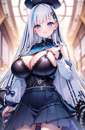 1 girl, anime, design, custom character, character design, full body, modelsheet, big boobies, big breast, huge breasts(CharacterSheet:1)(masterpiece, top quality, best quality, official art, beautiful and aesthetic:1.2), extreme detailed,(fractal art:1.3),highest detailed, miniskirt,  bare shoulders, (best quality, masterpiece:1.2), 8K, HDR, photorealistic, 1girl, white school_uniform, (transparent blouse:1.3), black lace bra inside, navy blue skirt, raises skirt, semi-transaparent panty, shy look, asian girl, breasts, charming smile,solo,breasts,blurry light background,Sexy Big Breast