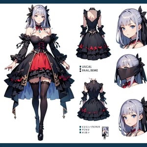 1 girl, anime, design, custom character, character design, full body, modelsheet, big boobies, big breast, huge breasts(CharacterSheet:1)(masterpiece, top quality, best quality, official art, beautiful and aesthetic:1.2), extreme detailed,(fractal art:1.3),highest detailed, miniskirt, gothic lolita, cleavage dress, bare shoulders,YAMATO,