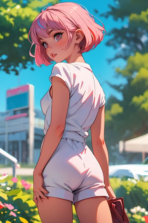 1 Girl, Pink Hair, Skinny, 18yo, short_hair, 
Posing, white female romper, small tits, small breast
Public park, blurred background
From behind