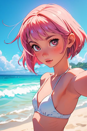 1 Girl, Pink Hair, Skinny, 18yo, short_hair, soft face
selfie, white bikini, small tits, small breast,
Beach, ocean, Blurred background,
Front view, pov camera,selfie