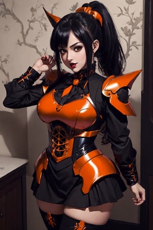  High quality, masterpiece, wallpaper, a beautiful girl wearing orange armor,black hair ,thighs, sexy, ponytail, hair short, slightly chubby, eye high stockings,Gundam,BJ_Gundam,blackgrand halloween