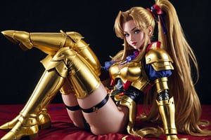  High quality, masterpiece, wallpaper, a beautiful girl wearing golden armor, thighs, sexy, ponytail, long hair, eye high stockings,Gundam,BJ_Gundam