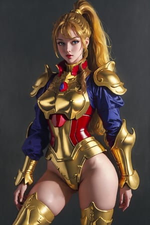  High quality, masterpiece, wallpaper, a beautiful girl wearing golden armor, thighs, sexy, ponytail, long hair, eye high stockings,Gundam,BJ_Gundam