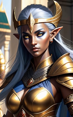 The Dark Elf Queen is looking down at the warriors about to deploy from the palace terrace. The pale sunlight of early morning casts a cold light on dark blue skin, and the tips of the spears sparkle with the warriors' resolute will. She stands tall and erect, her body ready for battle. Perfect tiger's eye eyes, a shining golden bow in his left hand, and his armor is made of interlocking gold plates, each piece inscribed with intricate runes. As she prepares for battle, she is completely focused on the task at hand, but she encourages the warriors with an expressionless face so as not to let it show that she is heartbroken by her people's decision to make sacrifices. It seems they are ready to defend the city at any cost.