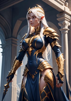 The Dark Elf Queen is looking down at the warriors about to deploy from the palace terrace. The pale sunlight of early morning casts a cold light on dark blue skin, and the tips of the spears sparkle with the warriors' resolute will. She stands tall and erect, her body ready for battle. With perfect tiger's eye eyes, a shining golden-encrusted iron bow in his left hand, his armor is made of interlocking gold plates, each piece inscribed with intricate runes. As she prepares for battle, she is completely focused on the task at hand, but she encourages her warriors with a determined look on her face so as not to let it show that she is heartbroken by her people's decision to make sacrifices.