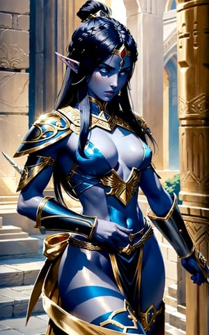 The Dark Elf Queen is looking down at the warriors about to deploy from the palace terrace. The pale sunlight of early morning casts a cold light on dark blue skin, and the tips of the spears sparkle with the warriors' resolute will. She stands tall and erect, her body ready for battle. Perfect tiger's eye eyes, a shining golden bow in his left hand, and his armor is made of interlocking gold plates, each piece inscribed with intricate runes. As she prepares for battle, she is completely focused on the task at hand, but she encourages the warriors with an expressionless face so as not to let it show that she is heartbroken by her people's decision to make sacrifices. It seems they are ready to defend the city at any cost.