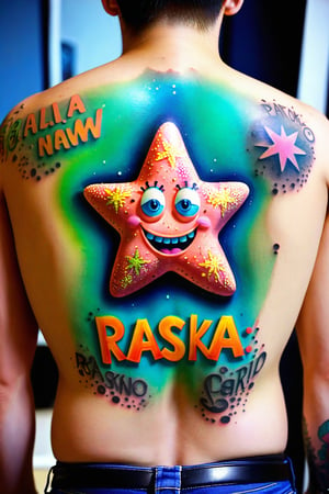 colorful Tattoo of patrick star with text "raska", on the back of someone,bl4ck