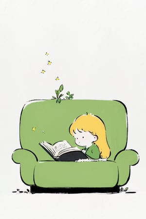 Masterpiece, best quality, high resolution, 1 girl, reading, contemplating, high-quality illustration, (1 girl:1.6), BREAKLush Square, Lush Exploration, Premium Generosity, BREAKanalog film, grainy textures, warm tones, nostalgic atmosphere, organic imperfections, classic charm, timeless aesthetics, Line Chibi green,white background