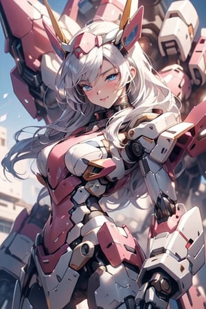 a anime girl with white hair and blue eyes is posing for a picture with her arms out and her eyes closed, Ai-Mitsu, anime girl, a raytraced image, superflat,mecha