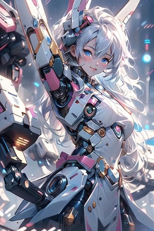 a anime girl with white hair and blue eyes is posing for a picture with her arms out and her eyes closed, Ai-Mitsu, anime girl, a raytraced image, superflat,mecha,glitter