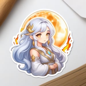 cute image of moon goddess, age 16,              Increase hair color and luster, sticker white background , highlight stickers, Sticker thickness emphasis, RPG game style,fire element