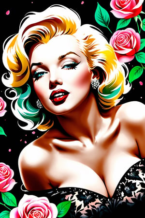 close up photo of Marilyn Monroe, off shoulder , watrcolor style, (rose) digital art, black background, among the roses, official art, blown by the wind, masterpiece, beautiful, ((watercolor)), paint splatter, intricate detail. Great detail, [dripping:0.7], Trending on Artstation, Rachel Walker