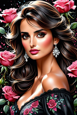 close up photo of Penelope Cruz, off shoulder , watrcolor style, (rose) digital art, black background, among the roses, official art, blown by the wind, masterpiece, beautiful, ((watercolor)), paint splatter, intricate detail. Great detail, [dripping:0.7], Trending on Artstation, Rachel Walker