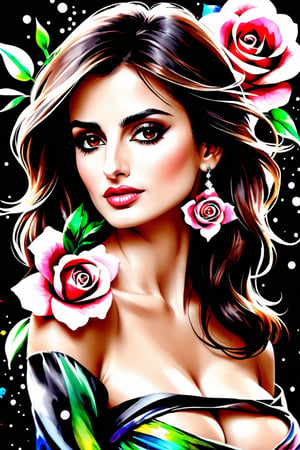 close up photo of Penelope Cruz, off shoulder , watrcolor style, (rose) digital art, black background, among the roses, official art, blown by the wind, masterpiece, beautiful, ((watercolor)), paint splatter, intricate detail. Great detail, [dripping:0.7], Trending on Artstation, Rachel Walker