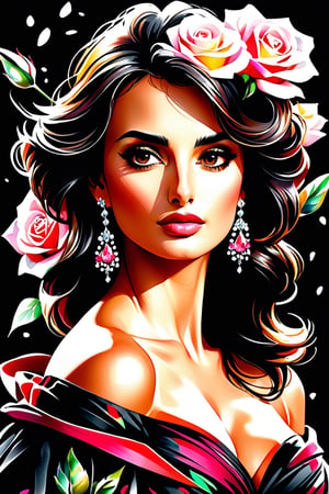 close up photo of Penelope Cruz, off shoulder , watrcolor style, (rose) digital art, black background, among the roses, official art, blown by the wind, masterpiece, beautiful, ((watercolor)), paint splatter, intricate detail. Great detail, [dripping:0.7], Trending on Artstation, Rachel Walker