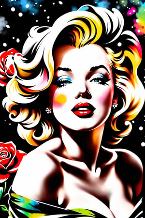 close up photo of Marilyn Monroe, off shoulder , watrcolor style, (rose) digital art, black background, among the roses, official art, blown by the wind, masterpiece, beautiful, ((watercolor)), paint splatter, intricate detail. Great detail, [dripping:0.7], Trending on Artstation, Rachel Walker