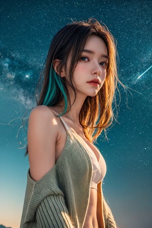 (close-shot photo:1.4) of a beatutiful woman wearing white underwear and cardigan on a open field, embers of memories, colorful, (photo-realisitc), nebula background, nebula theme,exposure blend, medium shot, bokeh, (hdr:1.4), high contrast, (cinematic, teal and green:0.85), (muted colors, dim colors, soothing tones:1.3), low saturation,fate/stay background,yofukashi background,(pureerosface_v1:0.8), (ulzzang-6500-v1.1:0.8),breasts,Beautiful eyes ,ASU1,bare shoulders,dream_girl,EpicSky