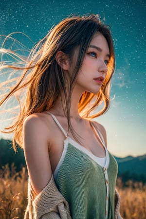 (close-shot photo:1.4) of a beatutiful woman wearing white underwear and cardigan on a open field, embers of memories, colorful, (photo-realisitc), nebula background, nebula theme,exposure blend, medium shot, bokeh, (hdr:1.4), high contrast, (cinematic, teal and green:0.85), (muted colors, dim colors, soothing tones:1.3), low saturation,fate/stay background,yofukashi background,(pureerosface_v1:0.8), (ulzzang-6500-v1.1:0.8),breasts,Beautiful eyes ,ASU1,bare shoulders,dream_girl,EpicSky