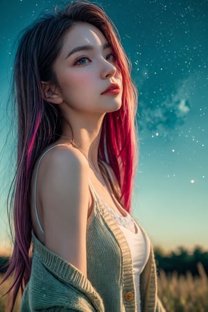 (close-shot photo:1.4) of a beatutiful woman wearing white underwear and cardigan on a open field, embers of memories, colorful, (photo-realisitc), nebula background, nebula theme,exposure blend, medium shot, bokeh, (hdr:1.4), high contrast, (cinematic, teal and green:0.85), (muted colors, dim colors, soothing tones:1.3), low saturation,fate/stay background,yofukashi background,(pureerosface_v1:0.8), (ulzzang-6500-v1.1:0.8),breasts,Beautiful eyes ,ASU1,bare shoulders,dream_girl,EpicSky