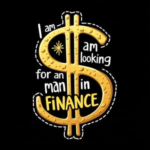 Prompt: vector art, t-shirt art , black background, dollar sign , sticker art, sticker white outline, text " I am looking for a man in FINANCE" - gold font
- handwritten  font, colorful, GOLD 3d affect, chisel metal gold, 