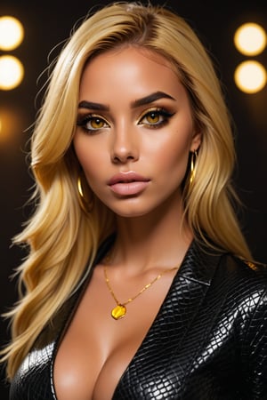 Eye Contact, 1girl Latina(Skin Tan: 1.3), Yellow Spotlight, Dark Theme, Solitude, Luxurious, Matte Black Crease Eyeshadow, Metallic Lipstick, Snake eyes (elongated pupils:1.7), smooth yellow hair, Freckles, Inditronics, Soft Lighting, Bokeh,Hexagonal Squama,hotbabes,hugebreasts