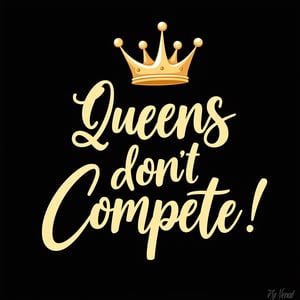 vector art, t-shirt art ,  black background,  tiara queen ,  sticker art, sticker white outline, 
text " Queens dont Compete" - handwritten  font, colorful, GOLD 3d, 