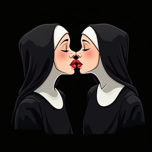 Prompt: vector art, t-shirt art , black background,  , sticker art, sticker white outline, two nuns kissing each other, red huge lips, minimal vector art, 