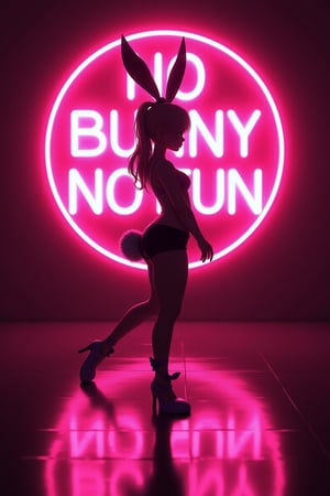 masterpiece,best quality,official art, extremely detailed CG unity 8k wallpaper,absurdres,8k resolution,anime style, A silhouette of a bunny girl in strong backlighting, contrapposto, leotard, high heel, rabbit tail, streaks of light, simple background, A large neon sign \\\\\\\"NO BUNNY NO FUN\\\\\\\" 