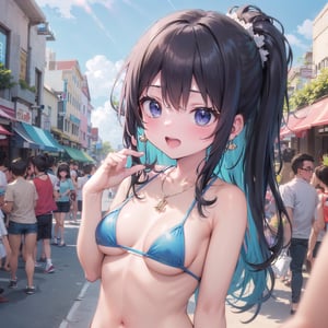 NSFW, girl, cute, medium breasts, cheerful, loli face, gleaming skin, tareme, perfect hand,

resort beach town cityscape, street scenery, Crowd people in the background,
micro bikini, hair bullet, necklace, earring,
multicolor hair,
beautiful blue sky,
BREAK, sunshine, fantastic lighting, bloom,
ultra-detailed, best quality, high-resolution, summer,